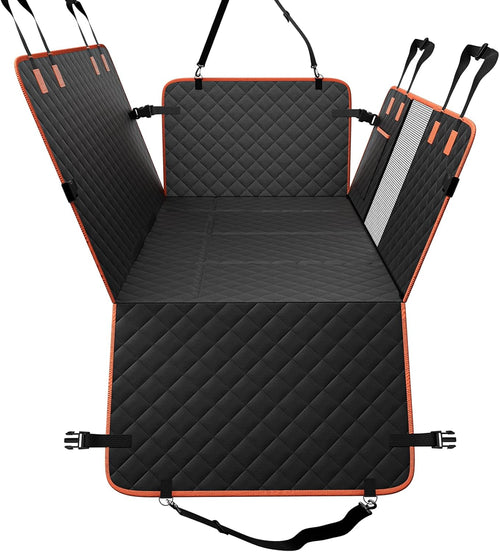 Black car seat cover with orange accents on a white background